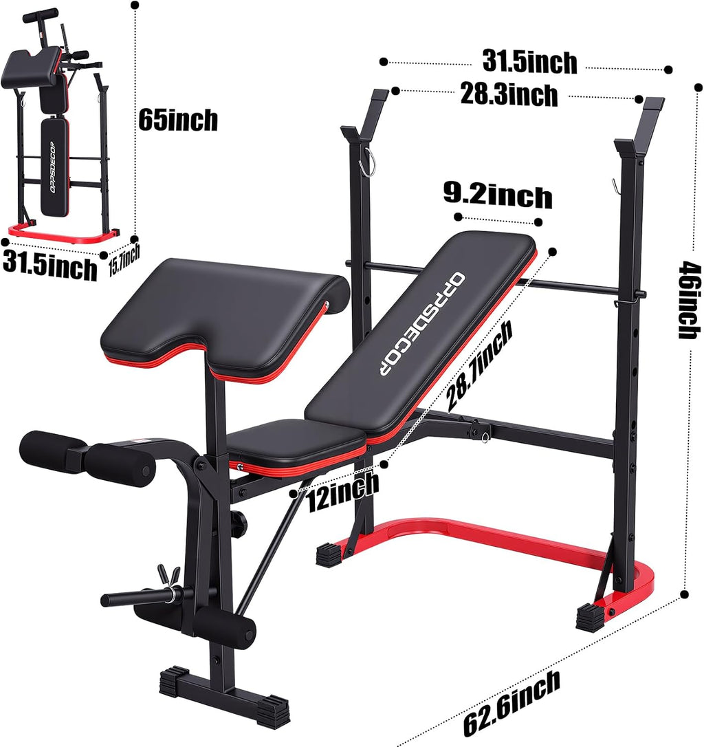 OPPSDECOR 661LBS Weight Bench Set, 8 in 1 Adjustable Bench Press with Squat Rack Leg Extension & Leg Curl Foldable Workout Bench with Safety Bar Catches Standard Weight Training Benches for Home Gym