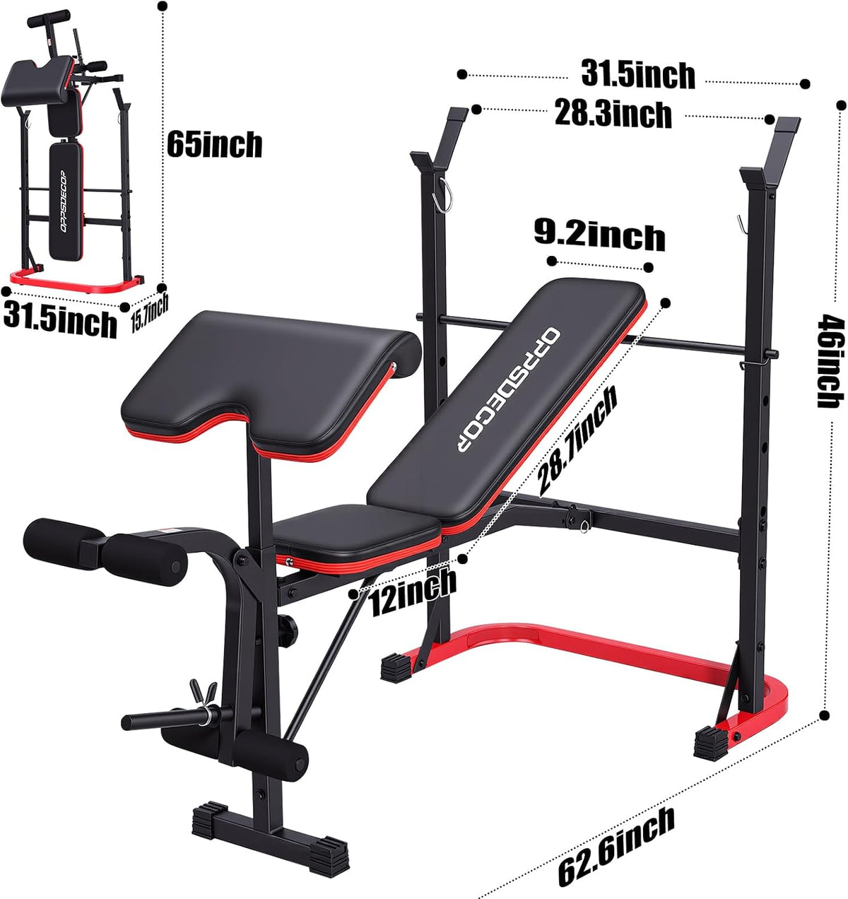 OPPSDECOR 661LBS Weight Bench Set, 8 in 1 Adjustable Bench Press with Squat Rack Leg Extension & Leg Curl Foldable Workout Bench with Safety Bar Catches Standard Weight Training Benches for Home Gym