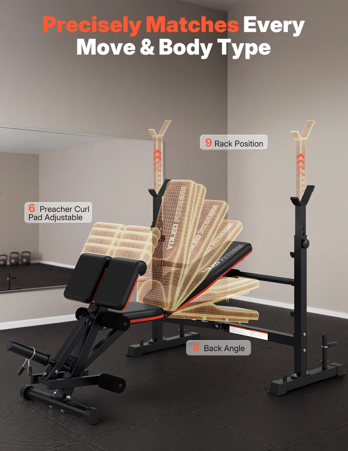 YOLEO 6-in-1 Weight Bench Set, 880LBS Adjustable Bench with Rack & Curl Pad