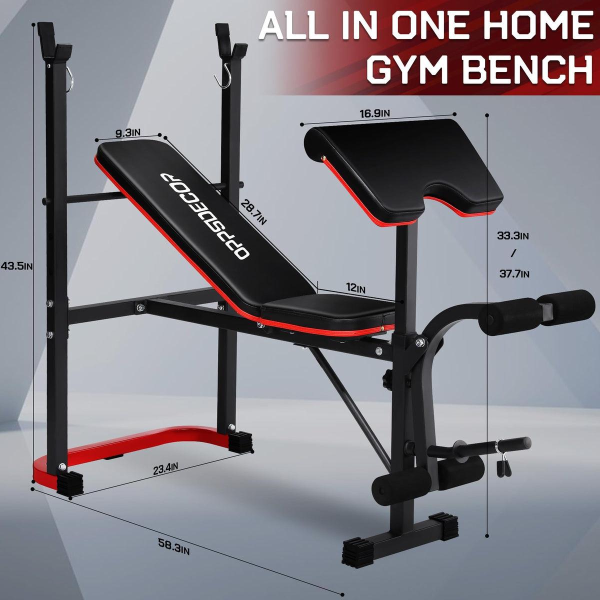 OPPSDECOR Foldable Weight Bench Set with Leg Extension and Curl, Squat Rack