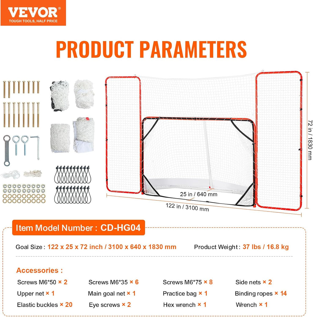 VEVOR Hockey Goal with Backstop and Targets, Street Steel Hockey Net, 72" Pro Hockey Training Goal Set, Portable Indoor Outdoor Hockey Goal with Net, Easy Assemble, White/Red