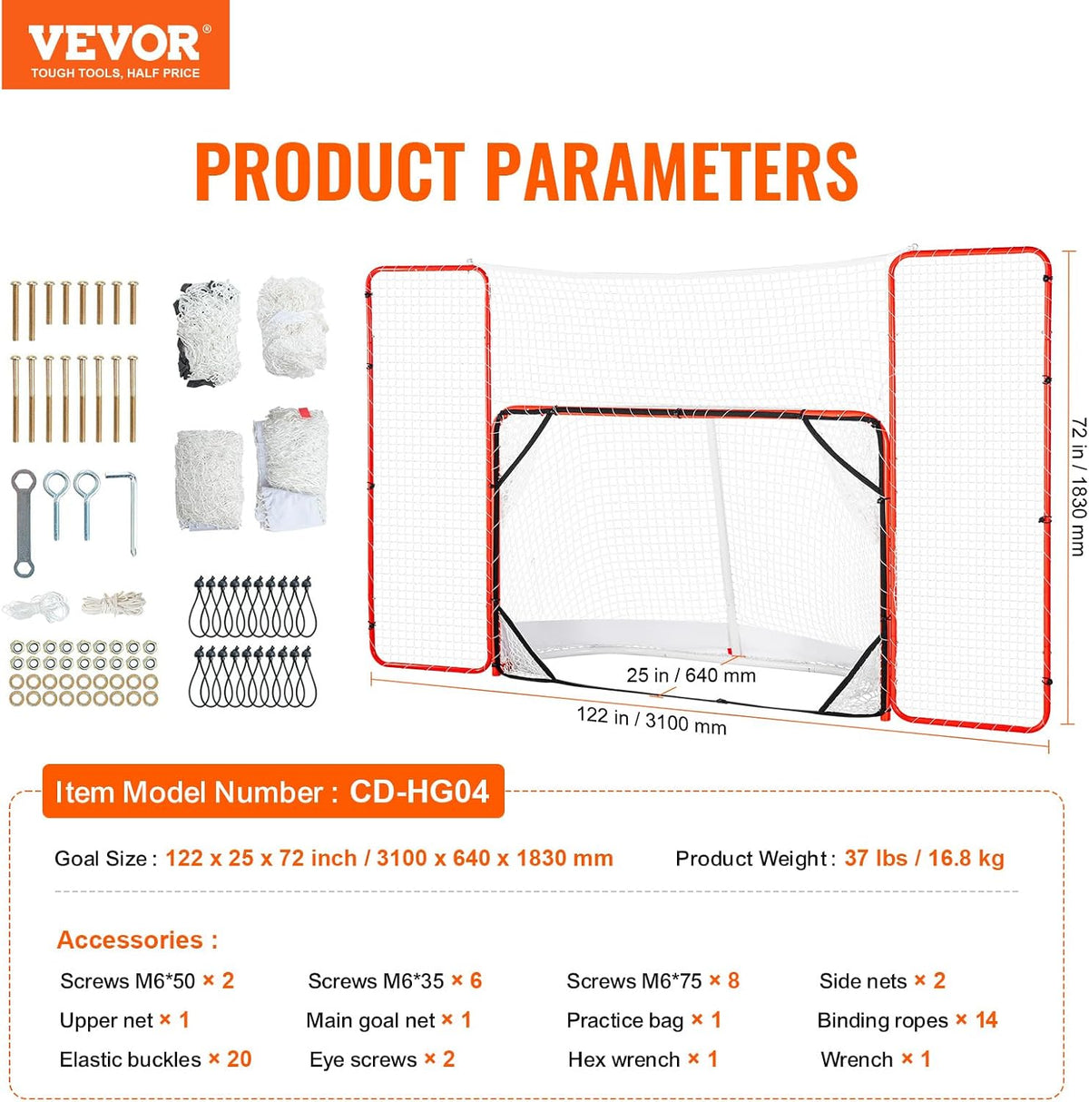VEVOR Hockey Goal with Backstop and Targets, Street Steel Hockey Net, 72" Pro Hockey Training Goal Set, Portable Indoor Outdoor Hockey Goal with Net, Easy Assemble, White/Red