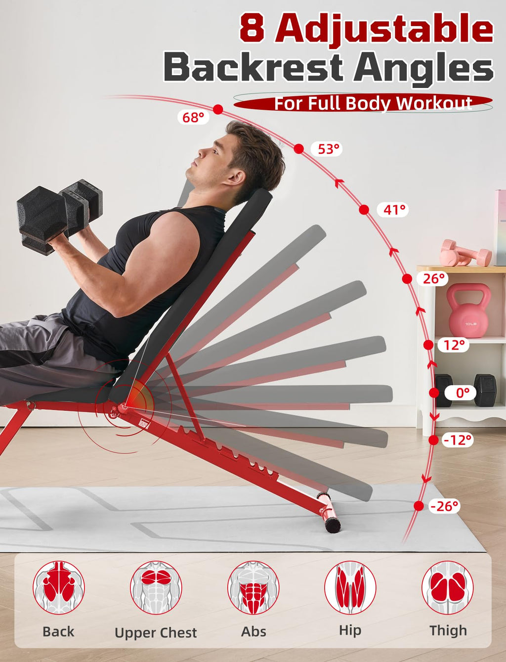 SPORTSOUL 880LB Weight Bench, 8-Position Backrest Adjustable Workout Bench