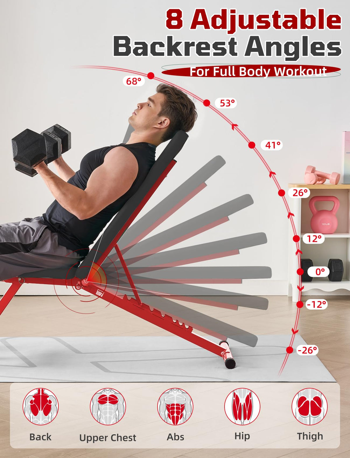 SPORTSOUL 880LB Weight Bench, 8-Position Backrest Adjustable Workout Bench