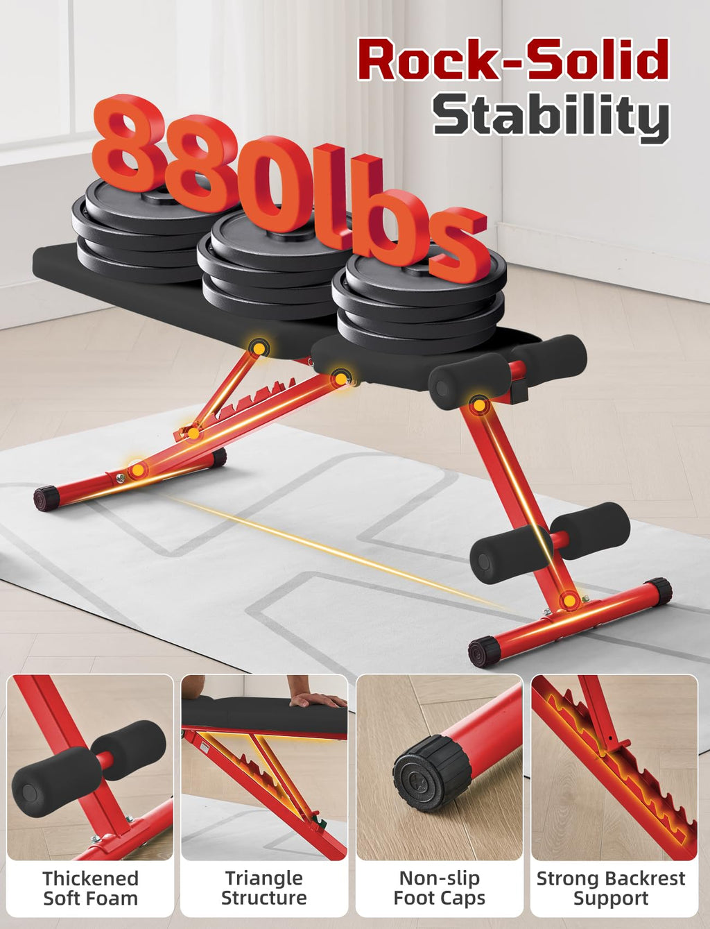 SPORTSOUL 880LB Weight Bench, 8-Position Backrest Adjustable Workout Bench