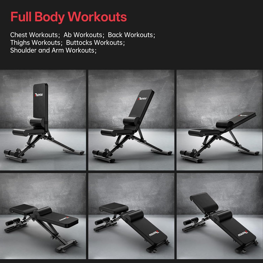 PASYOU Adjustable Weight Bench, 660LB Capacity Foldable Workout Bench, Incline Flat Bench Press for Home Gym, Dual-Frame Strength Training Bench, No Assembly Required, Wider Seat
