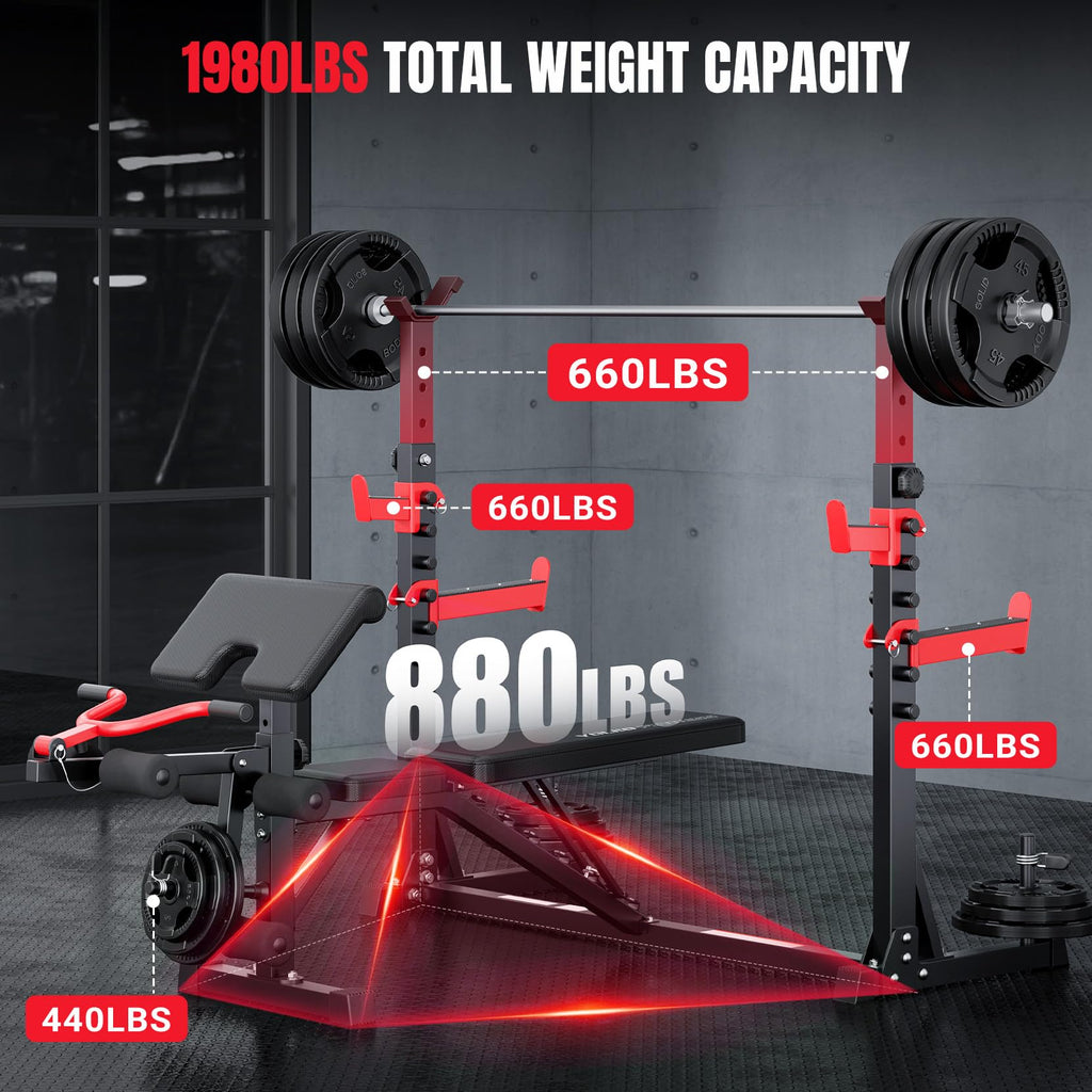 YOLEO 6-in-1 Weight Bench Set, 880LBS Adjustable Bench with Rack & Curl Pad