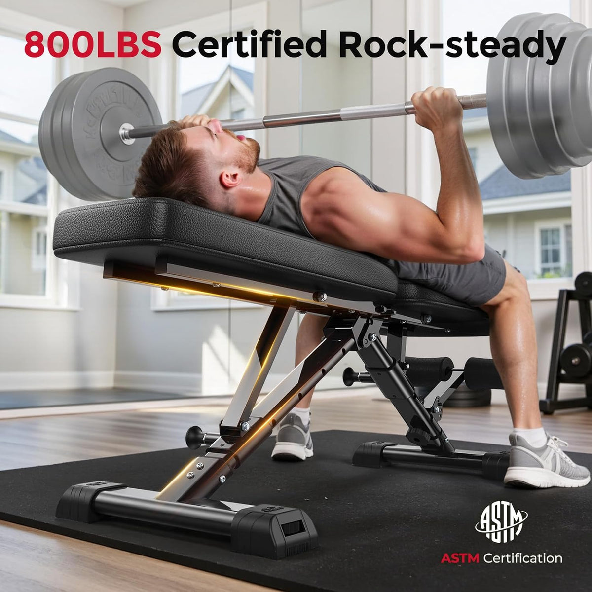 FLYBIRD WB5 Weight Bench, ASTM-Certified 800LBS Adjustable Weight Bench Workout Bench Foldable for Home Gym, 90Â° to -30Â° FID and 30in Extended Backrest for Bench Press Strength Training Exercise