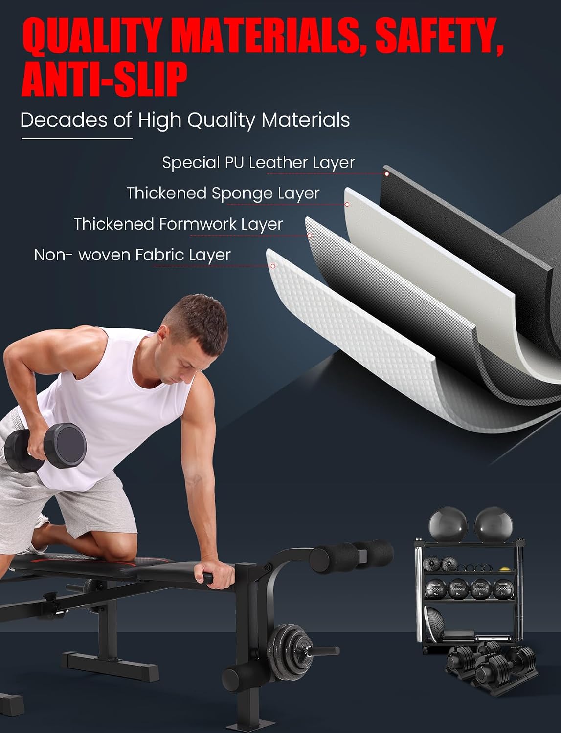 OPPSDECOR Foldable Weight Bench Set with Leg Extension and Curl, Squat Rack