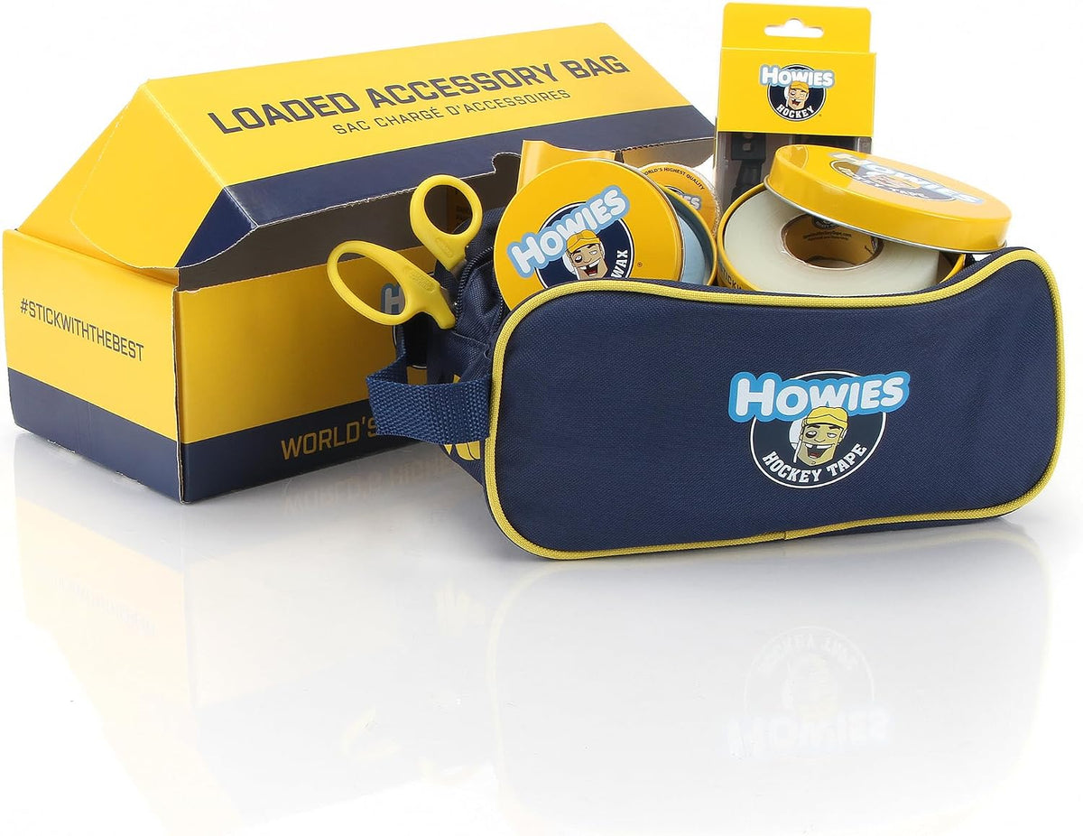 Howies Hockey Loaded Accessory Bag â Includes Stick, Grip, and Shin Pad Tape, Helmet Repair Kit, Fine Skate Stone and More! Ultimate Travel Bag and Gift for Hockey Players & Fans.
