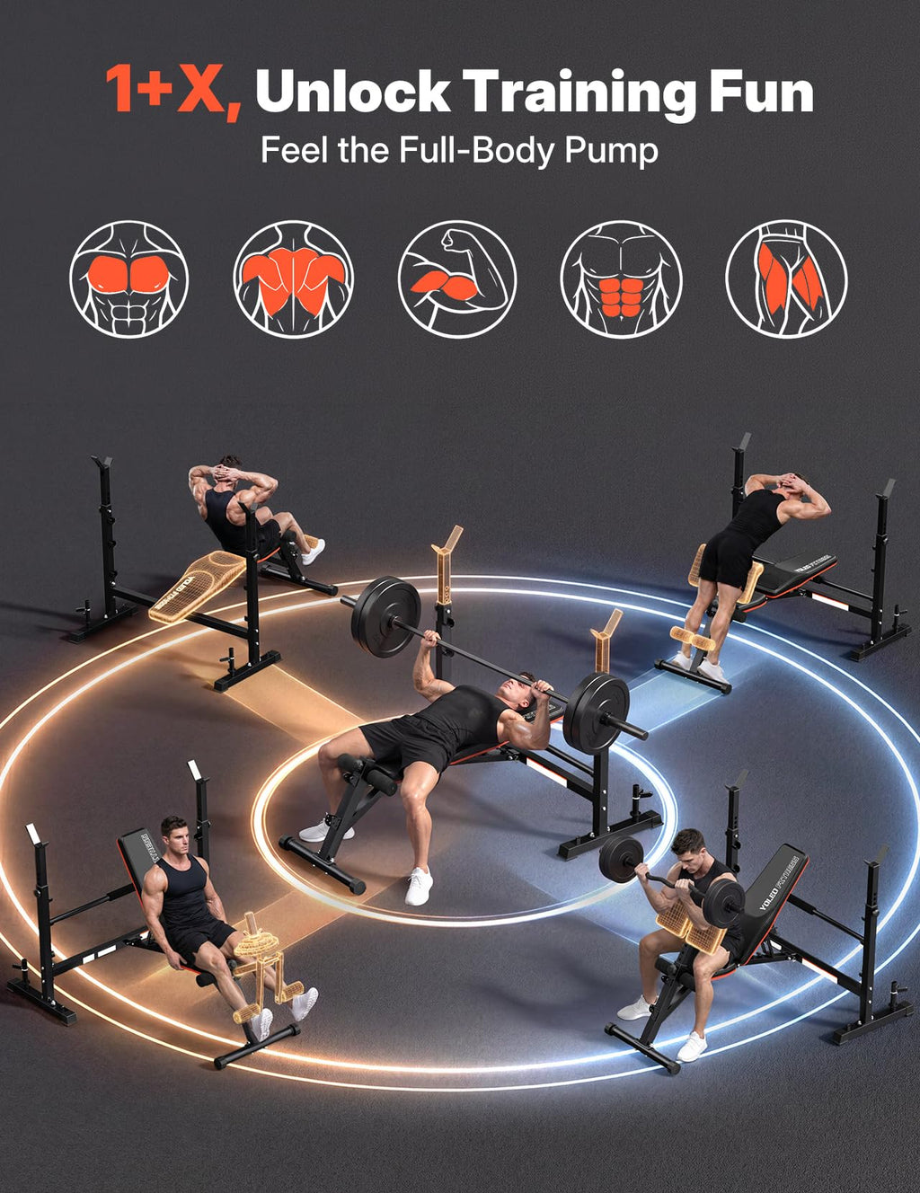 YOLEO 6-in-1 Weight Bench Set, 880LBS Adjustable Bench with Rack & Curl Pad