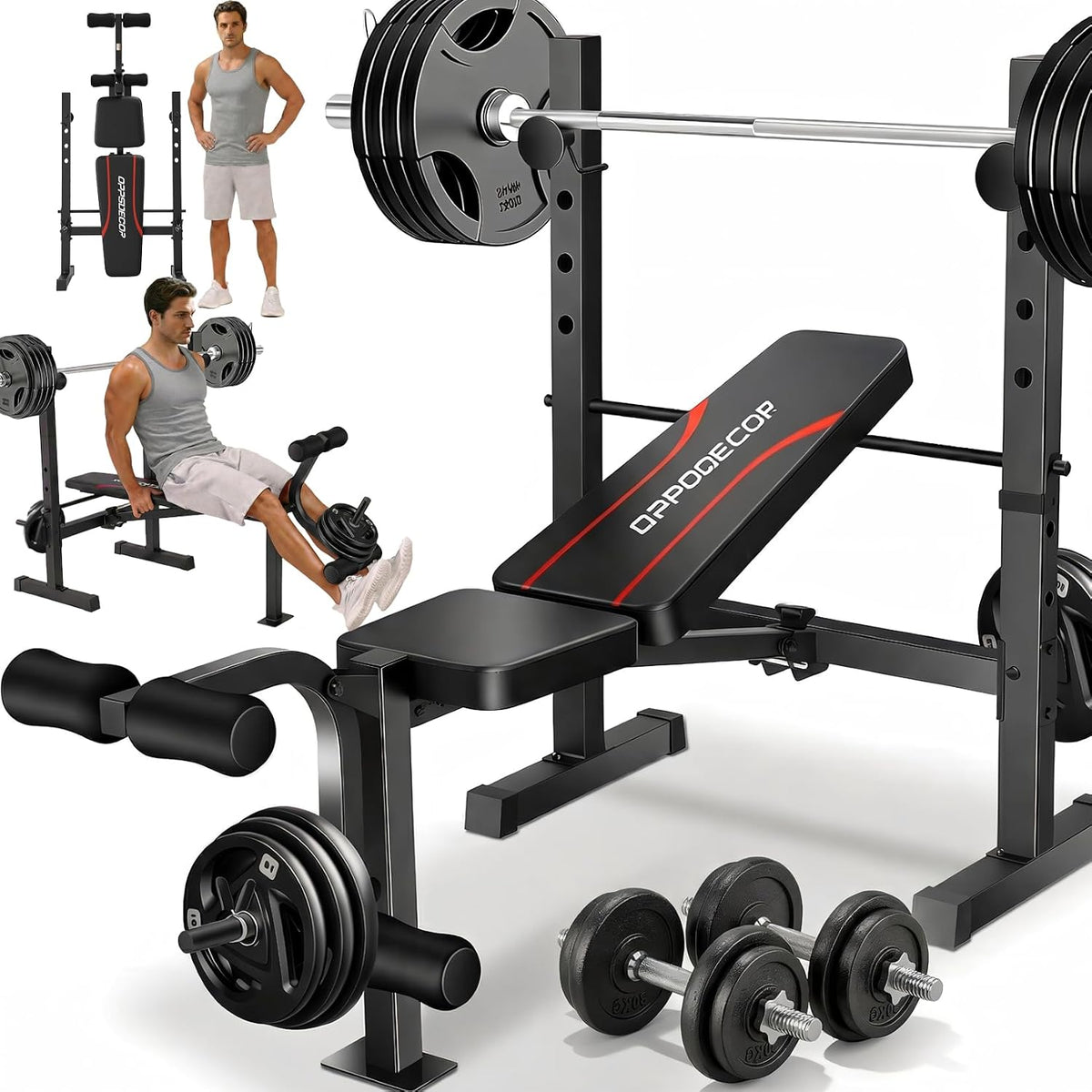 OPPSDECOR Foldable Weight Bench Set with Leg Extension and Curl, Squat Rack