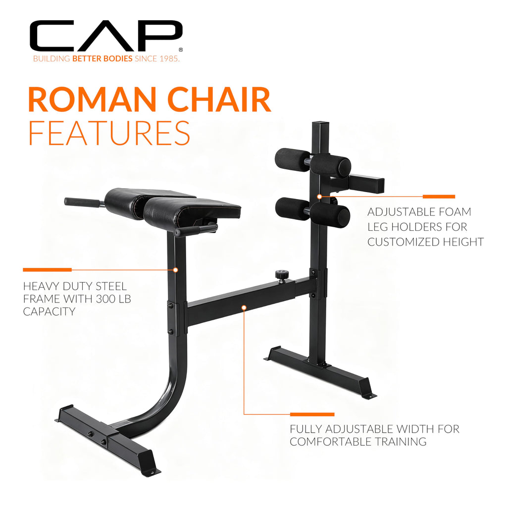 Cap Strength Roman Chair â Adjustable Back Extension Bench for Core & Glute Workouts, Heavy-Duty 300 LB Capacity - Black and Gray Options