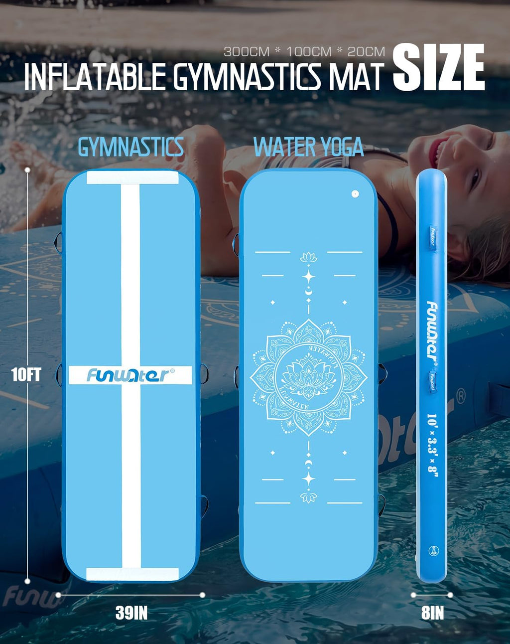FunWater 10ft Inflatable Gymnastics Tumble Track Tumbling Mat 8in Thick Air Floor Tumble Track with Electric Pump for Cheer Leading/Gymnastics/Beach/Gym/Home