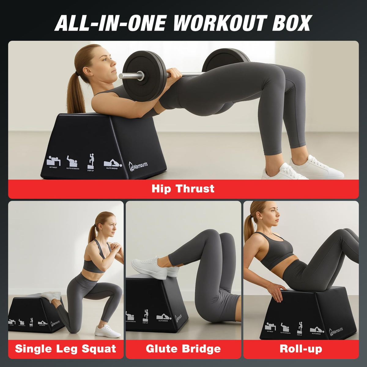 WARMOUNTS Hip Thrust Bench, Multi-Functional Hip Thrust Machine for Strength Training, Glute Bridge Box with Handle, Non-Slip Pad and Smooth Rim Design, for Home and Gym, 700LB Load Capacity