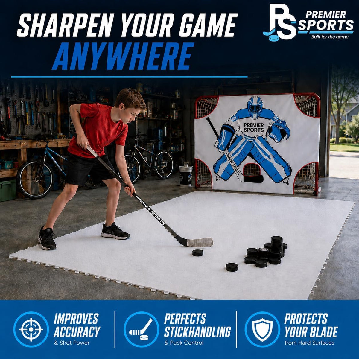 PS Bundle Hockey Flooring Tiles for Training - 15 Pack of 12 x 12â + 54â Junior Steel Street Hockey Goal
