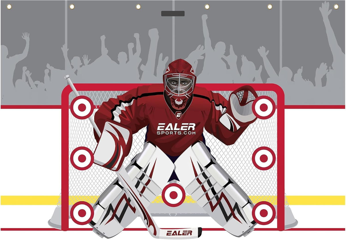 EALER Hockey Shooting Tarp 7x10 FT & 7/8x16 FT in 1 - Heavy Duty Goalie Target for Ice & Street Practice - Tear-Proof Built-in Shooter Tutor - Net Replacement for Garage Wall Protection