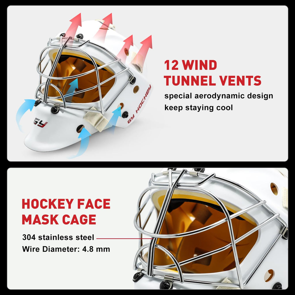 GY Hockey Helmet Combo with Facemask Senior Ice Hockey Goalie Helmet Adult/Cat-Eye Cage, Professional PC & ABS Shell/ 304 Stainless Steel Face Cage/Dual-Layer Lining