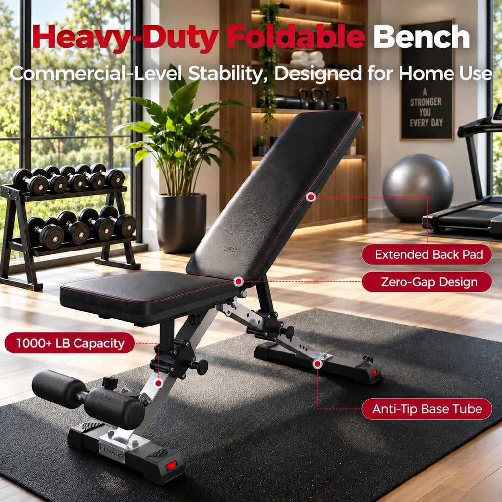 FLYBIRD WB5 Weight Bench, ASTM-Certified 800LBS Adjustable Weight Bench Workout Bench Foldable for Home Gym, 90Â° to -30Â° FID and 30in Extended Backrest for Bench Press Strength Training Exercise