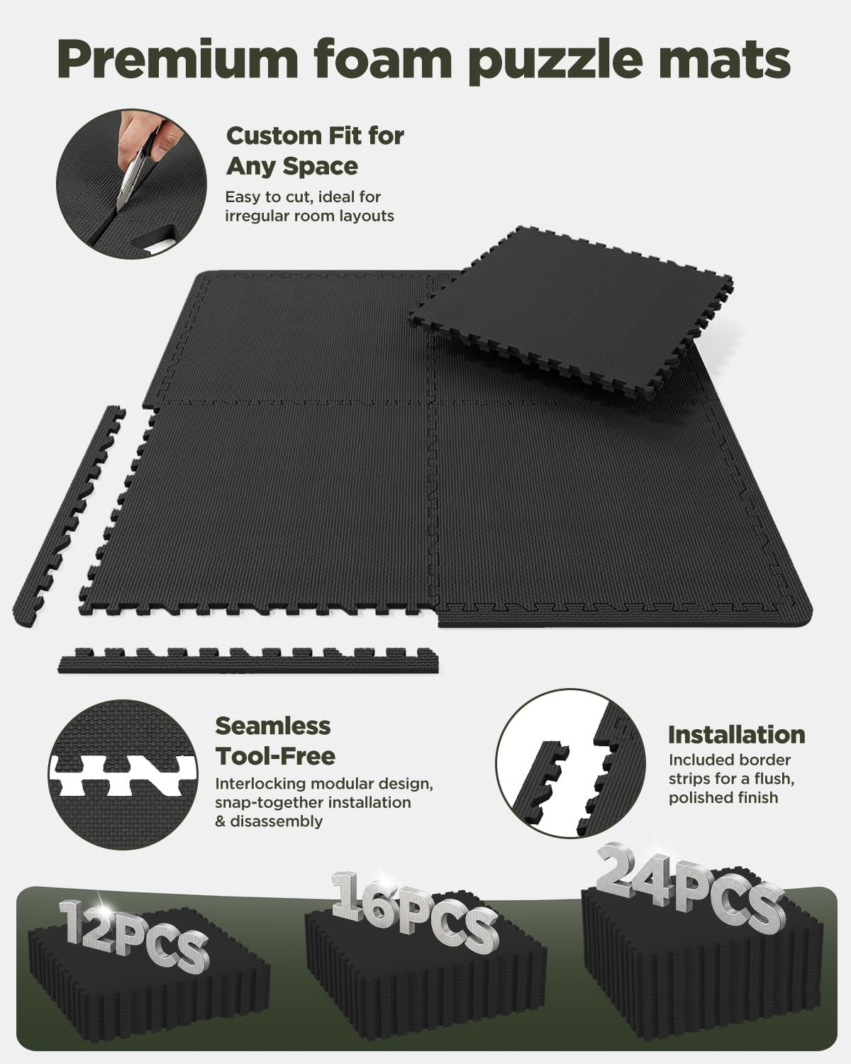 1/2" Thick 24 Pcs 96 Sq Ft EVA Foam Puzzle Exercise Mats, High-Density Interlocking Foam Floor Tiles for Home Gym, Gym Mat for Workout Equipment & Direct Exercise, Floor Padding for Kids