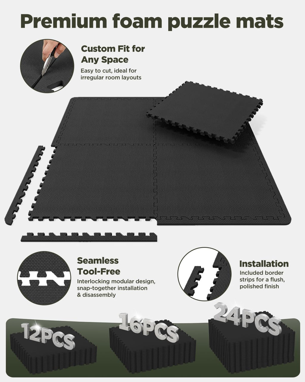 1/2" Thick 24 Pcs 96 Sq Ft EVA Foam Puzzle Exercise Mats, High-Density Interlocking Foam Floor Tiles for Home Gym, Gym Mat for Workout Equipment & Direct Exercise, Floor Padding for Kids