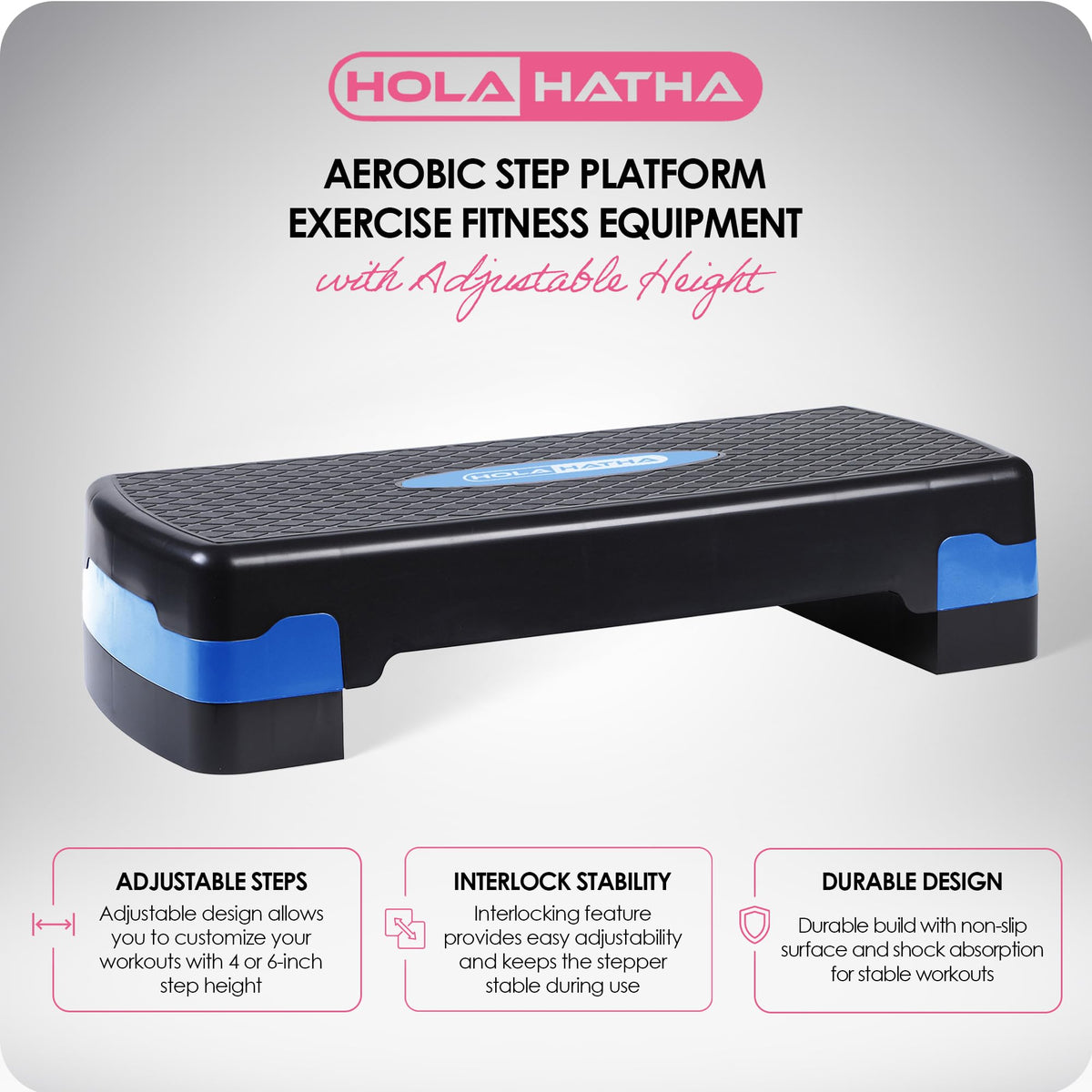 HolaHatha Compact Portable Aerobic Step Platform Exercise Fitness Equipment, Cardio Stepper with Adjustable Height for Home Gym