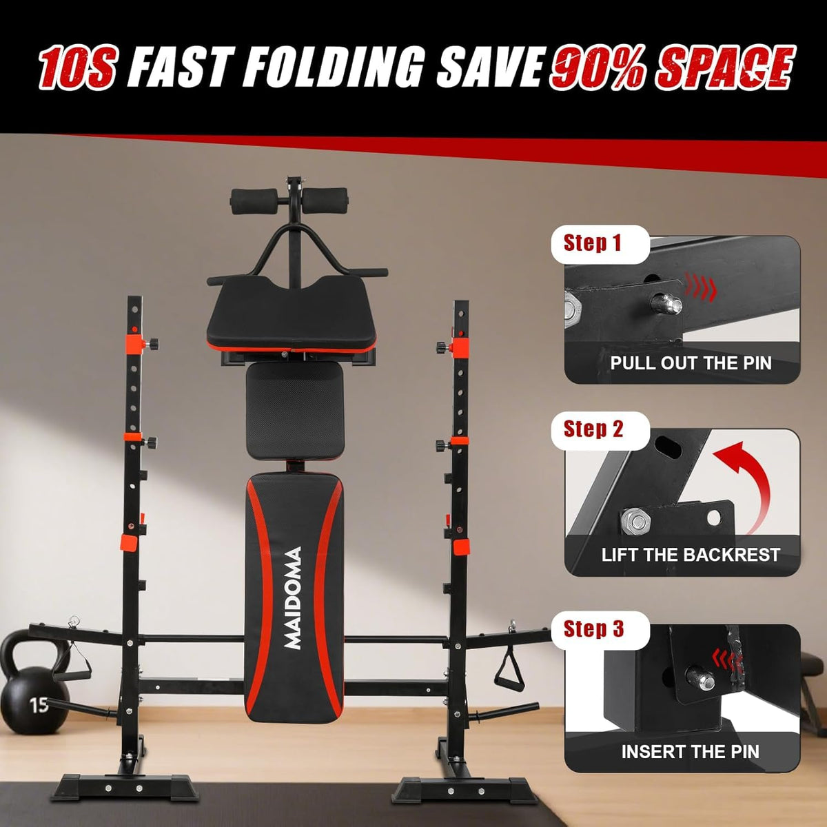MAIDOMA Foldable 1500LBS Capacity 8 IN 1 Weight Bench Set with Leg Extension/Squat Rack/Preacher Curl, Adjustable Bench Press for Home Gym Full Body Workout (US Stock)