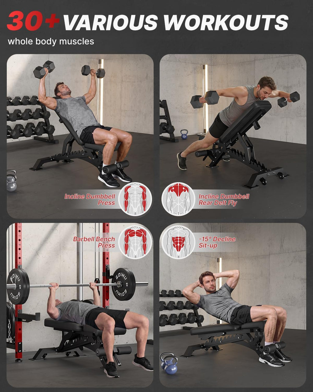 WB01 Adjustable Weight Bench, 1300LB Heavy Duty Workout Bench for Home Gym, Multi-Angle Gym Bench with Thickened Steel Frame, Incline Decline Flat Bench for Full Body Training & Bench Press