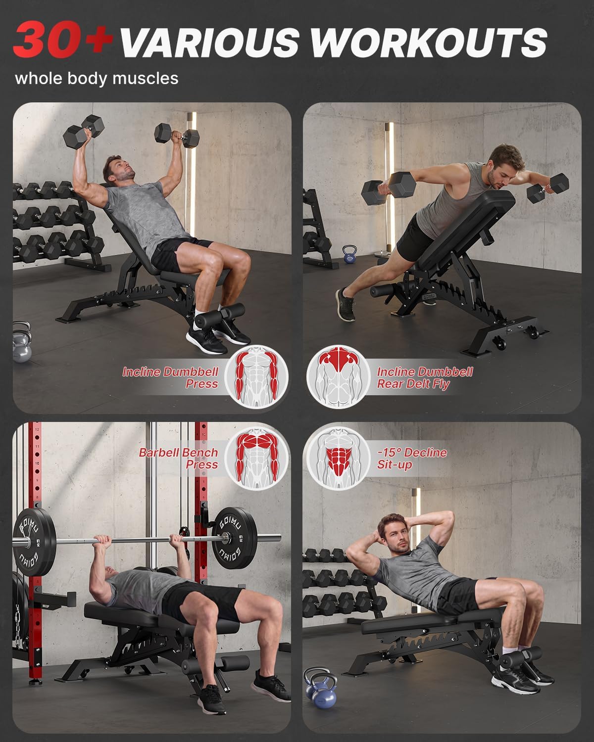 WB01 Adjustable Weight Bench, 1300LB Heavy Duty Workout Bench for Home Gym, Multi-Angle Gym Bench with Thickened Steel Frame, Incline Decline Flat Bench for Full Body Training & Bench Press