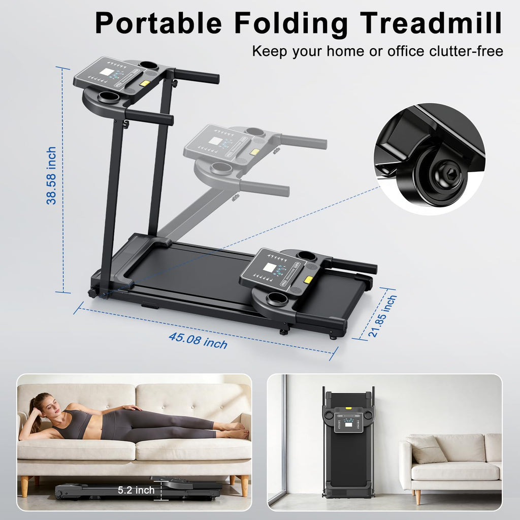 Treadmills for Home Walking Pad Machine- Foldable Compact Treadmill with Handle Bar Portable Small Caminadora for Running Jogging Gym Electrica Folding Tred Mills Motor & LED Dispay Pcrignbm