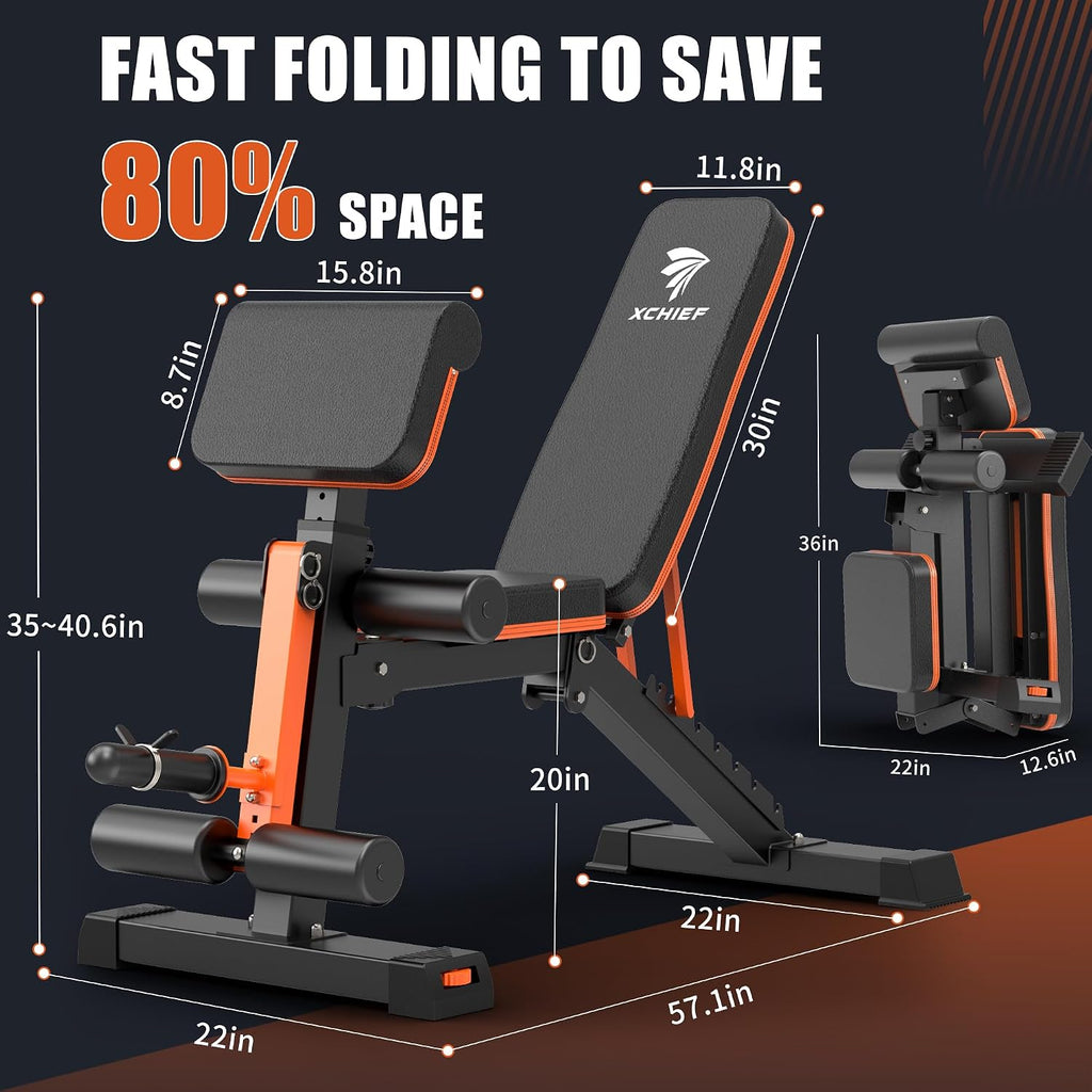 Adjustable Weight Bench - 1000LBS Capacity Heavy Duty Foldable Workout Bench for Full Body Exercise, Flat/Incline/Decline, Bench Press for Home Gym with Preacher Pad & Leg Extension
