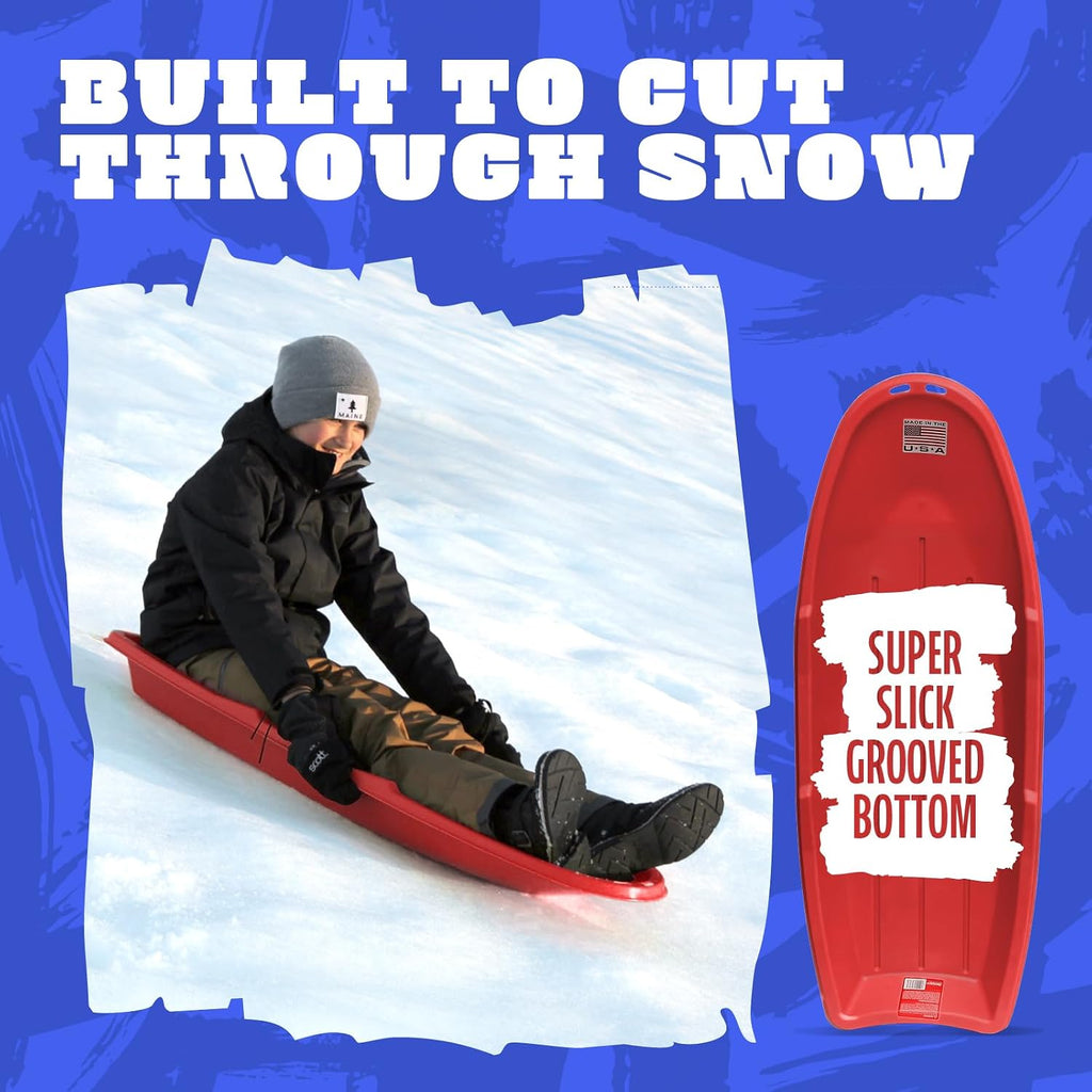 Flexible Flyer Winter Lightning Snow Sleds for Kids and Adults (Red) - 48 Inch Toboggan Style Plastic Sled with Hard Bottom for Fast, Smooth Rides - 1 or 2 Riders