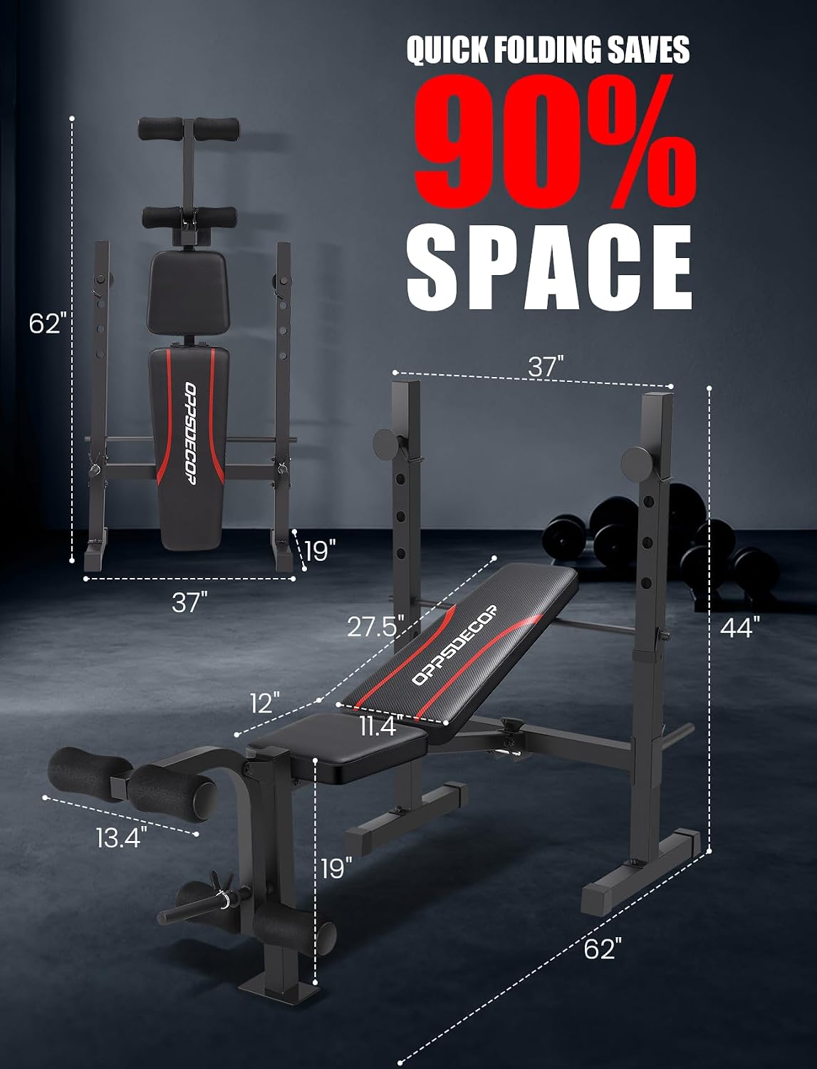 OPPSDECOR Foldable Weight Bench Set with Leg Extension and Curl, Squat Rack