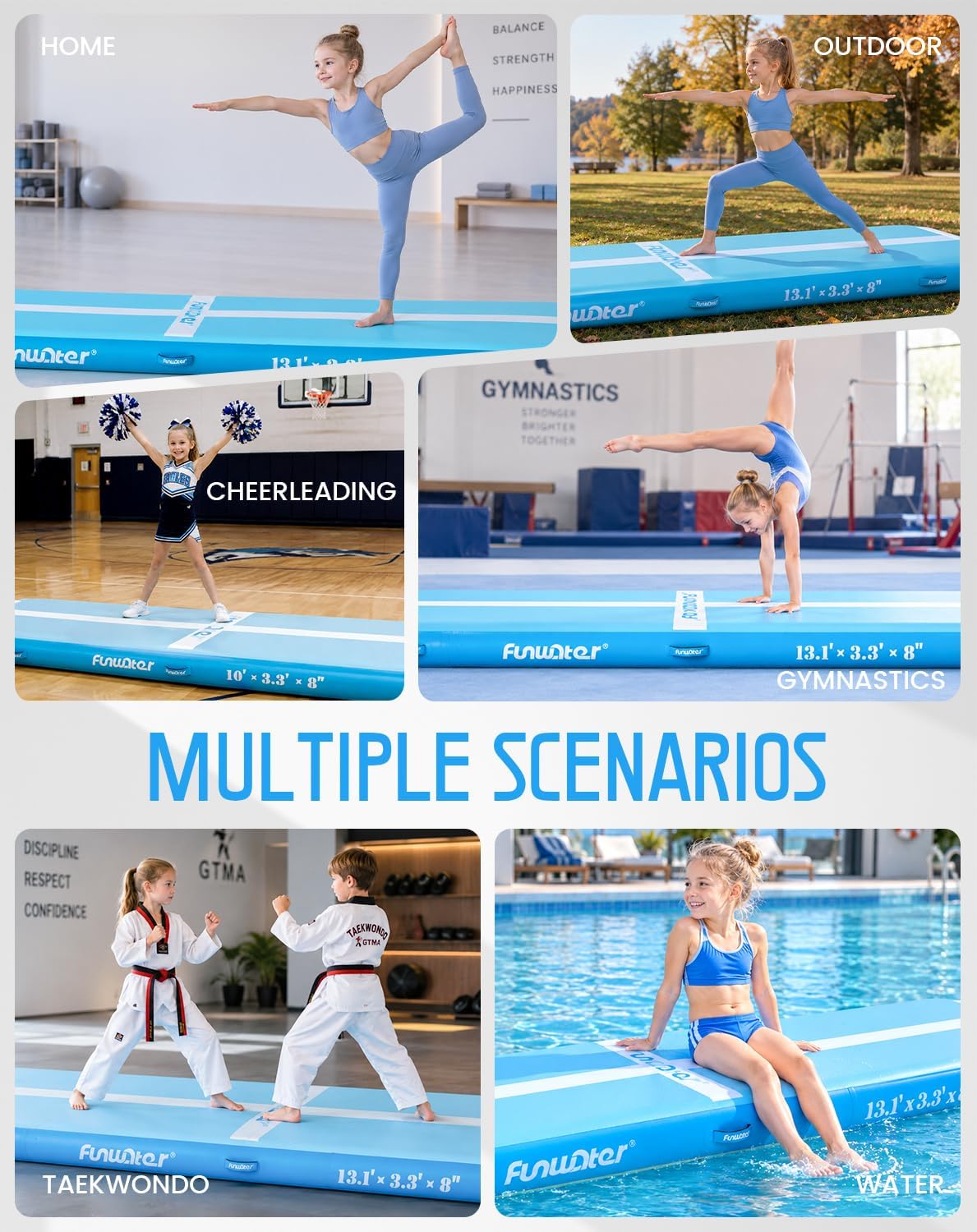 FunWater 13ft Inflatable Gymnastics Tumble Track Tumbling Mat 8in Thick Air Floor Tumble Track with Electric Pump for Cheer Leading/Gymnastics/Beach/Gym/Home