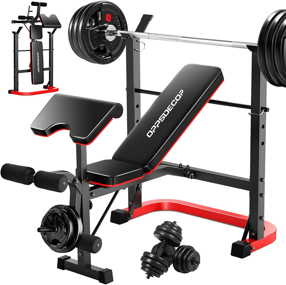 OPPSDECOR 6 in 1 Weight Bench Set with Leg Extension and Leg Curl, 660 LBS Adjustable Bench Press Set with Preacher Curl Pad, Foldable Workout Bench for Home Gym, Strength Training for Teens/Adults