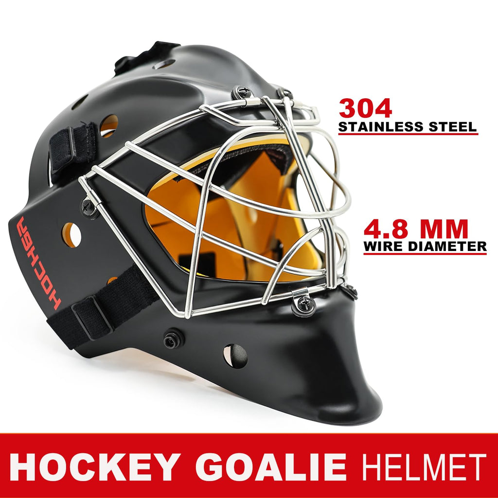 GY Hockey Helmet Combo with Facemask Senior Ice Hockey Goalie Helmet Adult/Cat-Eye Cage, Professional PC & ABS Shell/ 304 Stainless Steel Face Cage/Dual-Layer Lining