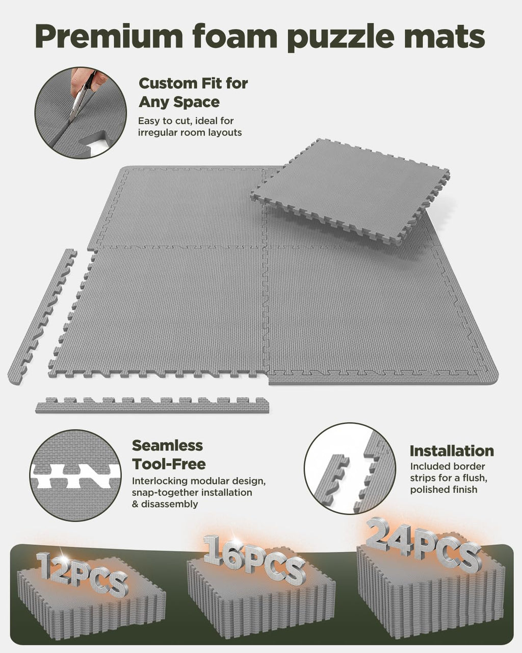 1/2" Thick 24 Pcs 96 Sq Ft EVA Foam Puzzle Exercise Mats, High-Density Interlocking Foam Floor Tiles for Home Gym, Gym Mat for Workout Equipment & Direct Exercise, Floor Padding for Kids