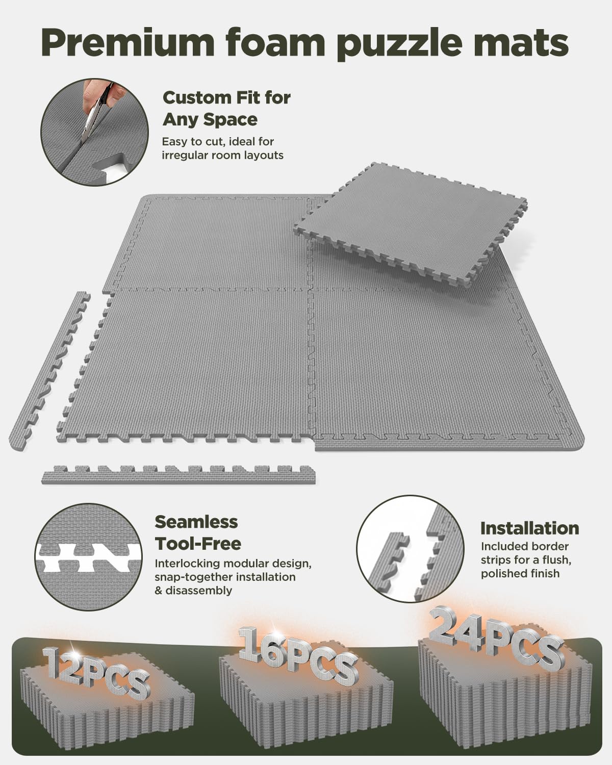 1/2" Thick 24 Pcs 96 Sq Ft EVA Foam Puzzle Exercise Mats, High-Density Interlocking Foam Floor Tiles for Home Gym, Gym Mat for Workout Equipment & Direct Exercise, Floor Padding for Kids