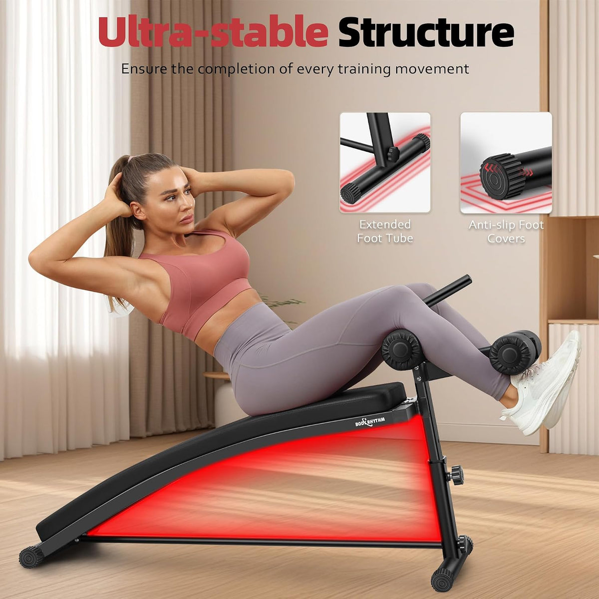 BODY RHYTHM Sit Up Bench with 4 Adjustable Heights and Reverse Crunch Handle, Curved Ab Workout Bench for Home Gym, Adjustable Weight Bench for Core Workouts and Decline Bench Press, Suitable for Individuals Up to 5.9ft Tall.