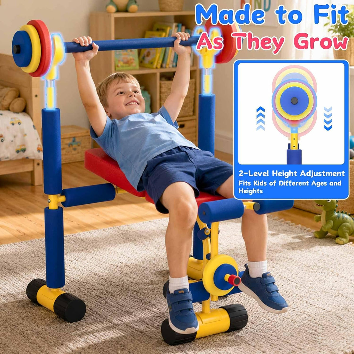 ZCMHAXJ Kids Weight Bench Set, Kids Workout Equipment with Adjustable Barbell Rack, Toy Barbell & Foam Weights, Indoor Exercise Play Gym for Boys and Girls Ages 3+, Fun Fitness Equipment