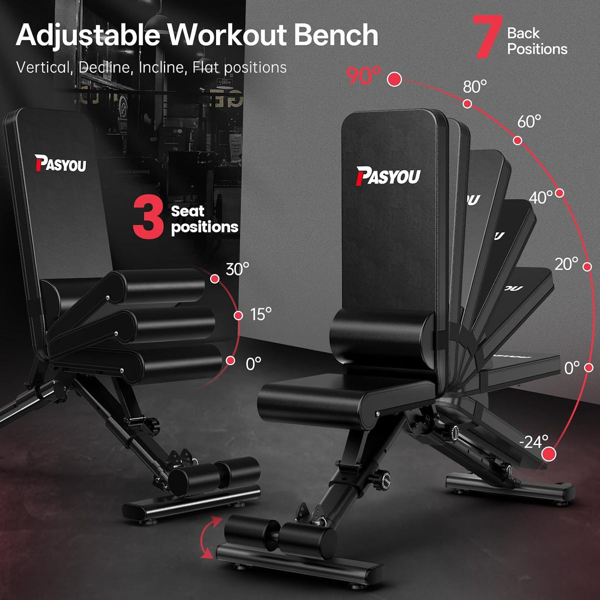 PASYOU Adjustable Weight Bench, 660LB Capacity Foldable Workout Bench, Incline Flat Bench Press for Home Gym, Dual-Frame Strength Training Bench, No Assembly Required, Wider Seat