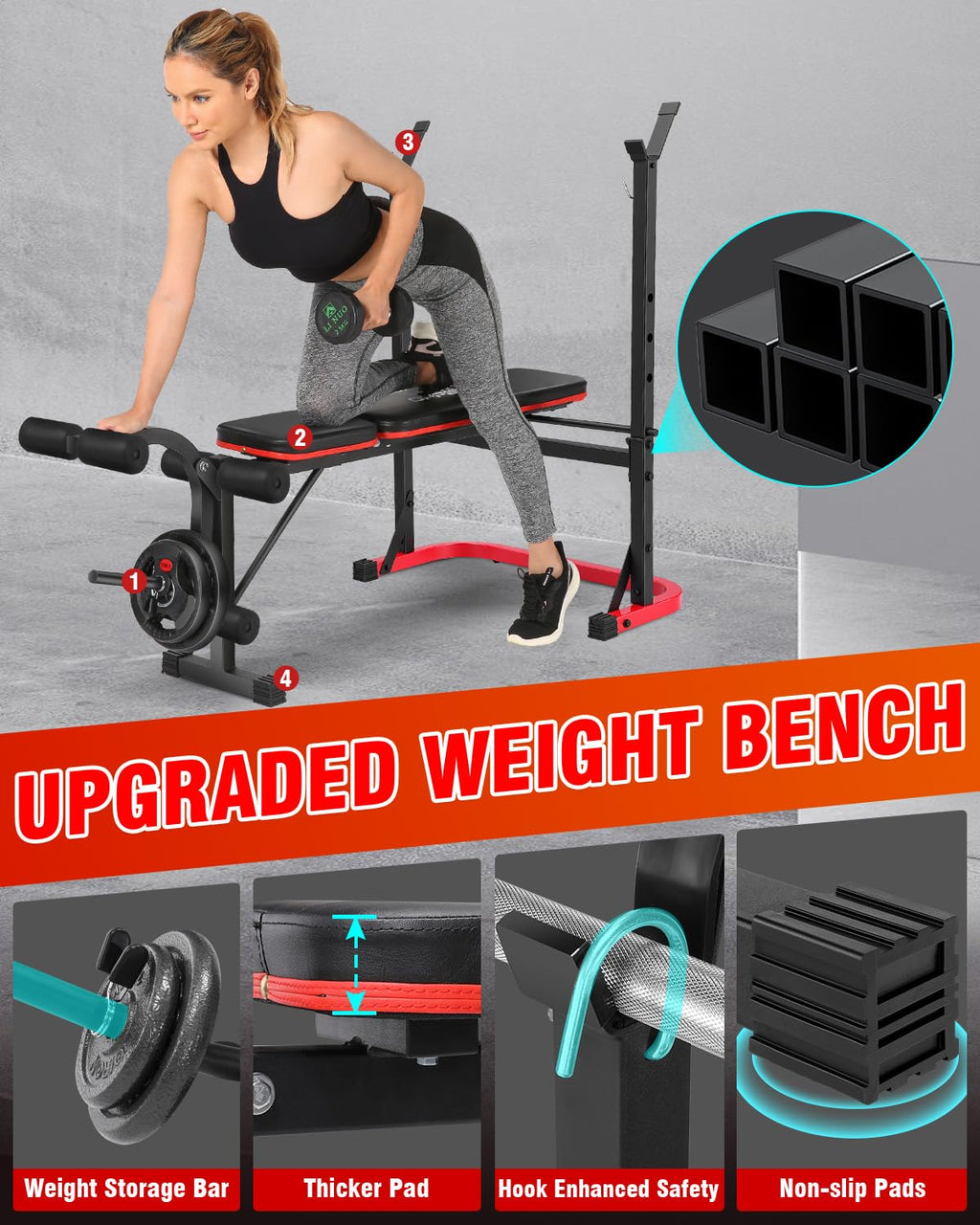 OPPSDECOR 6 in 1 Weight Bench Set with Leg Extension and Leg Curl, 660 LBS Adjustable Bench Press Set with Preacher Curl Pad, Foldable Workout Bench for Home Gym, Strength Training for Teens/Adults