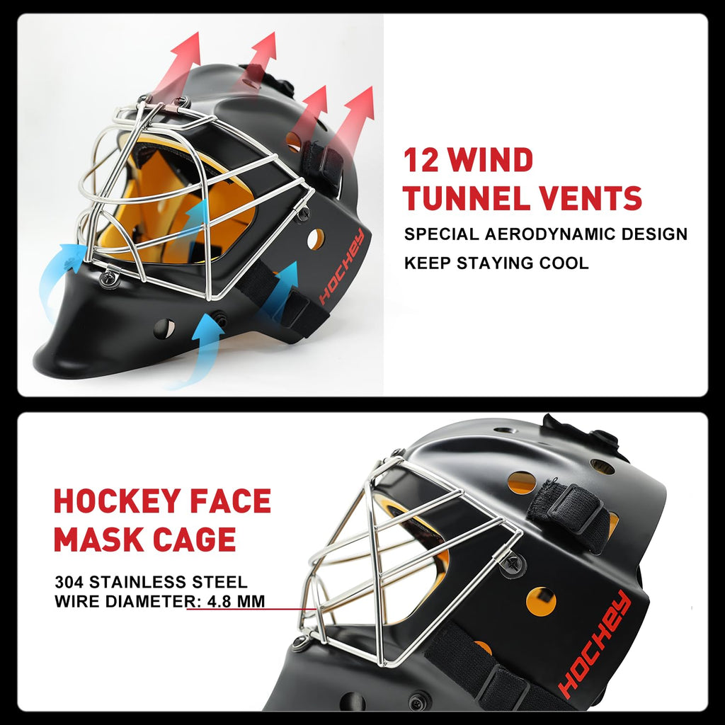 GY Hockey Helmet Combo with Facemask Senior Ice Hockey Goalie Helmet Adult/Cat-Eye Cage, Professional PC & ABS Shell/ 304 Stainless Steel Face Cage/Dual-Layer Lining