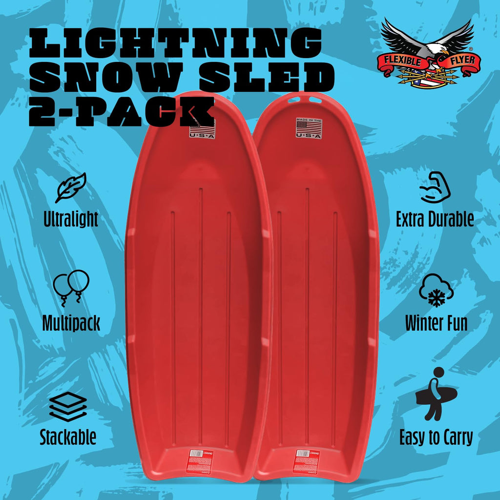 Flexible Flyer Winter Lightning Snow Sleds for Kids and Adults (Red) - 48 Inch Toboggan Style Plastic Sled with Hard Bottom for Fast, Smooth Rides - 1 or 2 Riders