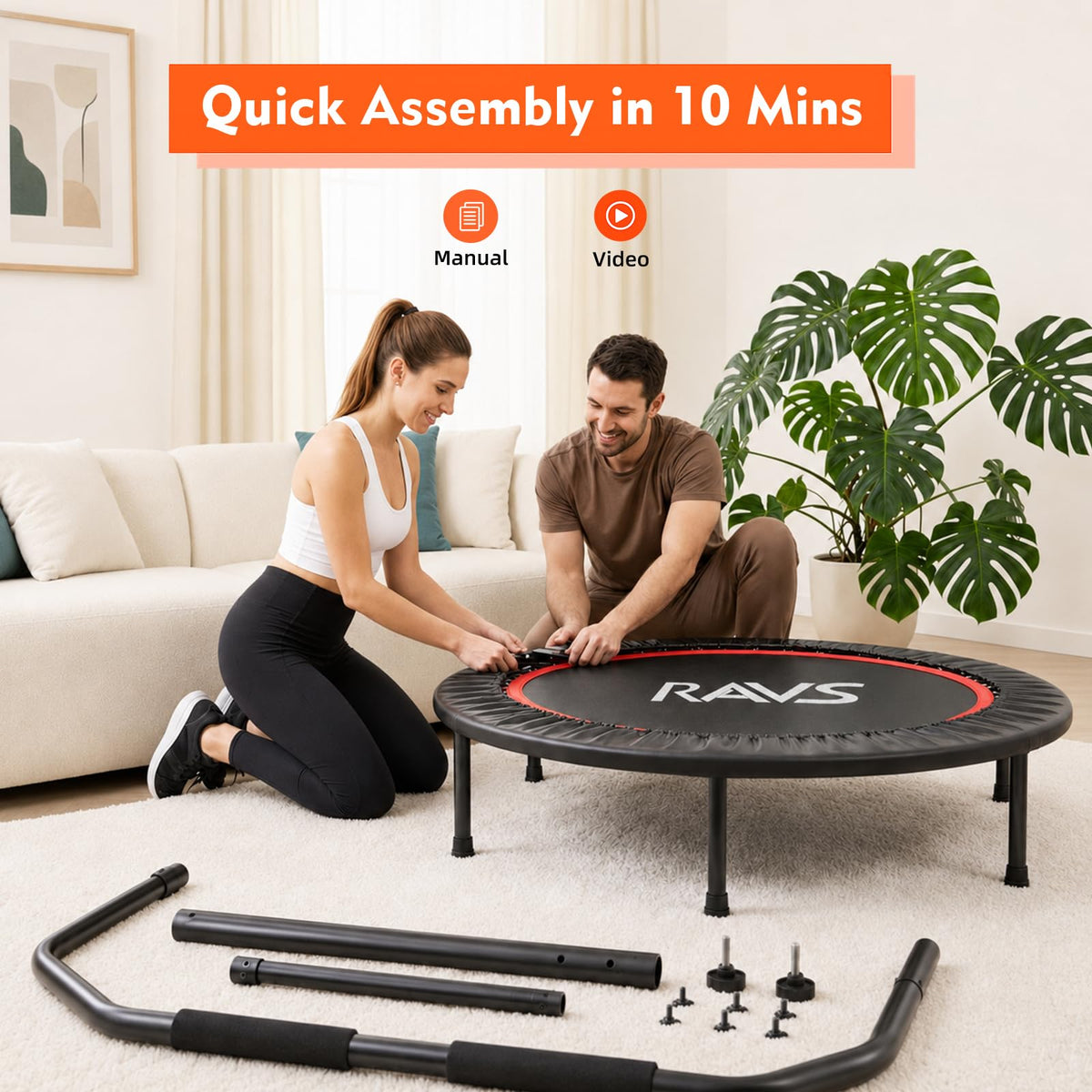 RAVS 40/48" Foldable Rebounder Trampoline for Adults, Handlebar, Indoor