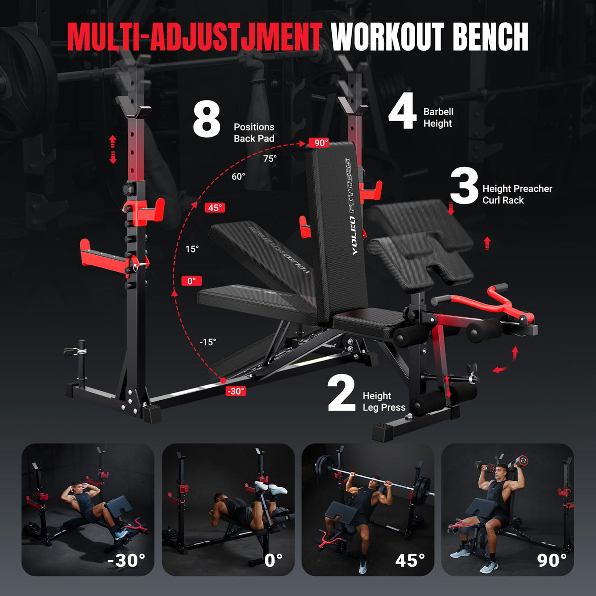 YOLEO 6-in-1 Weight Bench Set, 880LBS Adjustable Bench with Rack & Curl Pad