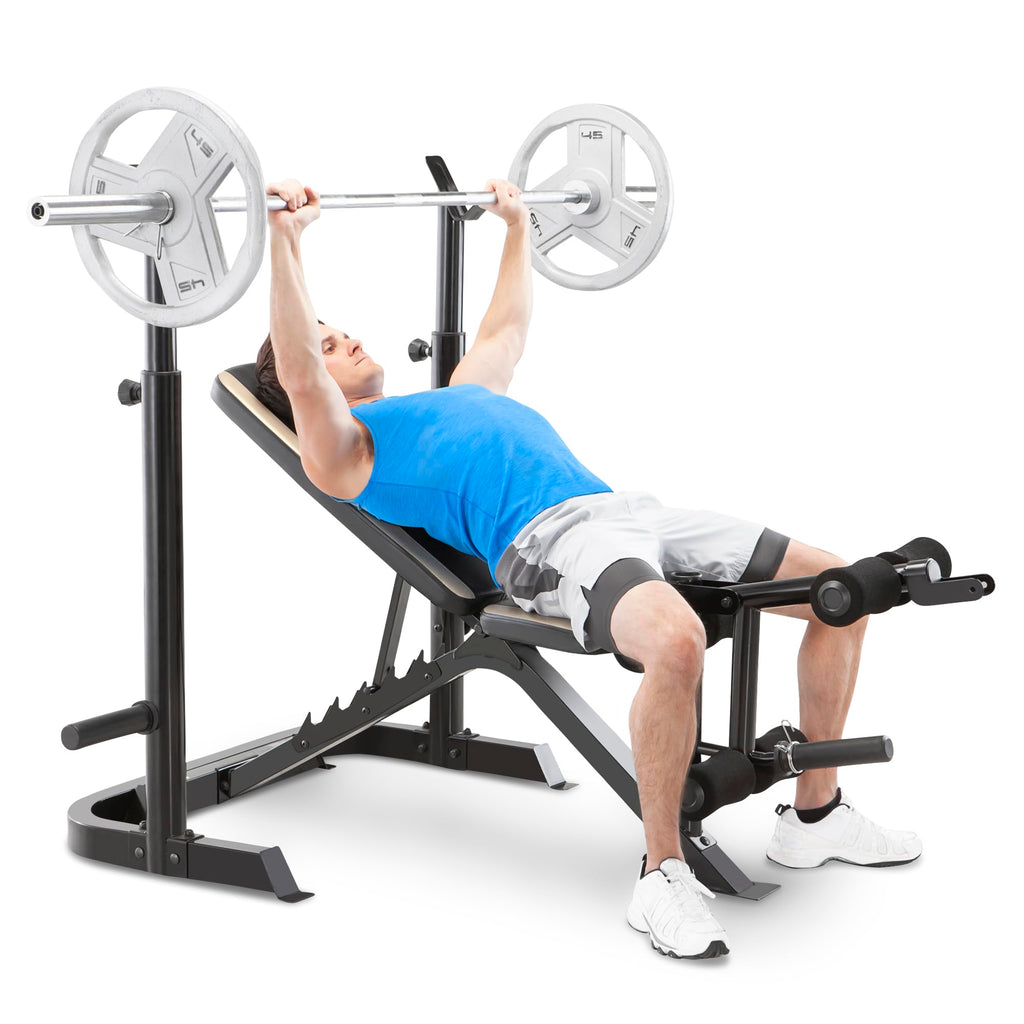 Marcy Olympic Workout Bench for Home Gym Strength Training Equipment with Preacher Curl Pad and Weight Rack Storage, White/Black