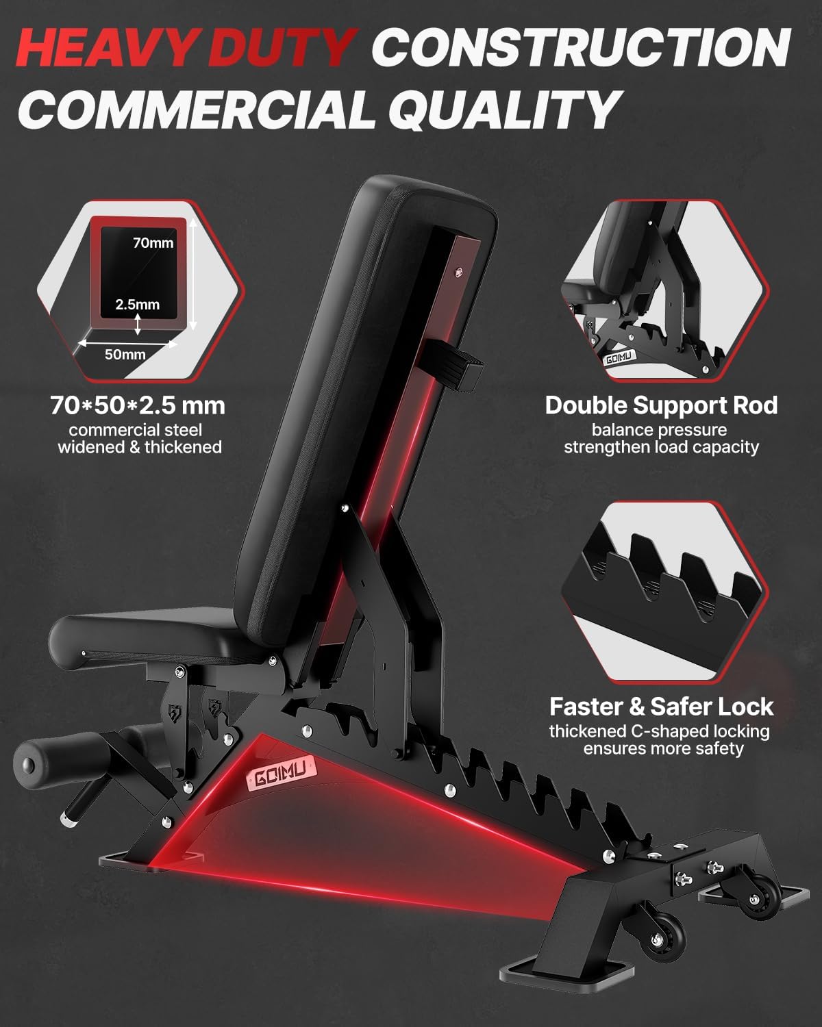 WB01 Adjustable Weight Bench, 1300LB Heavy Duty Workout Bench for Home Gym, Multi-Angle Gym Bench with Thickened Steel Frame, Incline Decline Flat Bench for Full Body Training & Bench Press