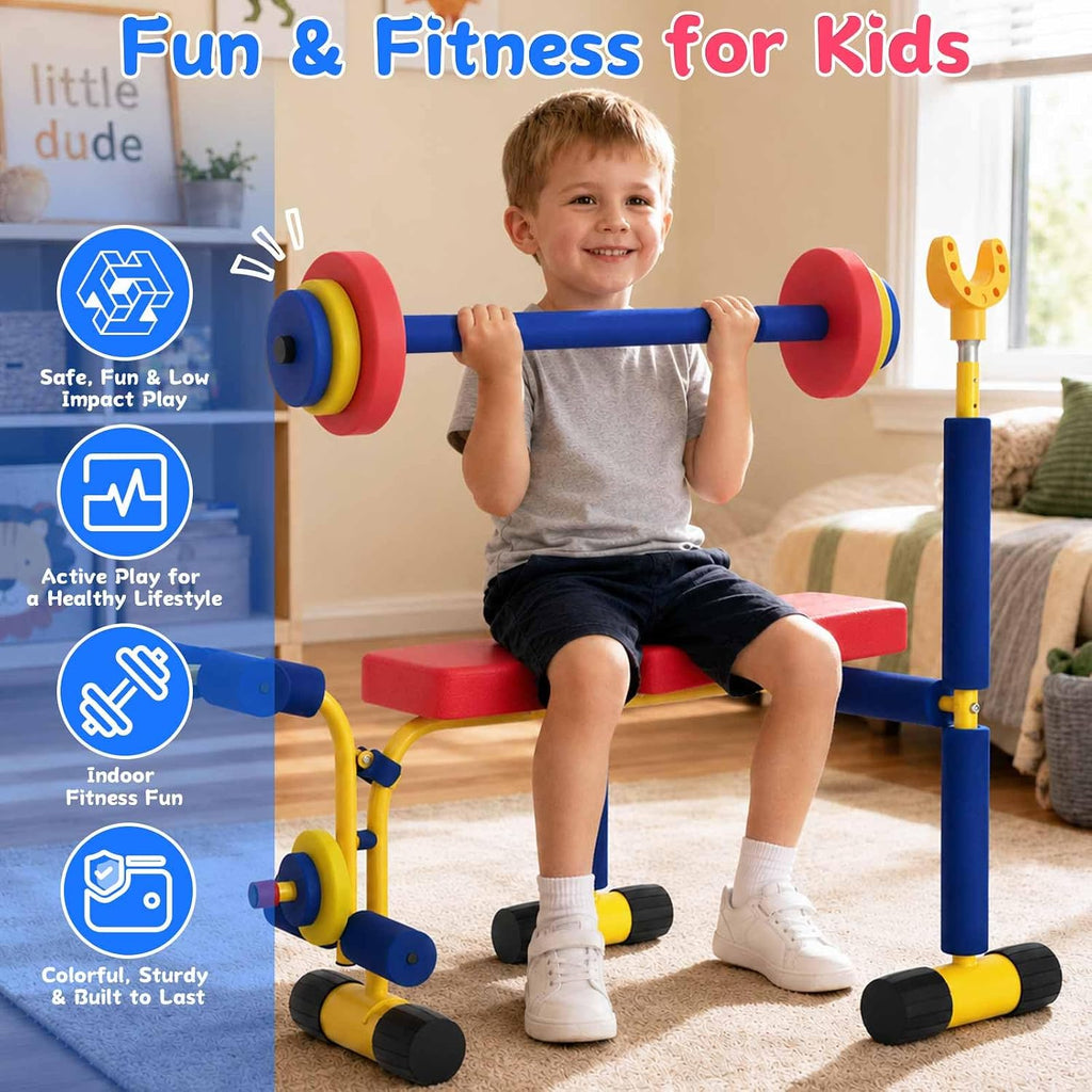 ZCMHAXJ Kids Weight Bench Set, Kids Workout Equipment with Adjustable Barbell Rack, Toy Barbell & Foam Weights, Indoor Exercise Play Gym for Boys and Girls Ages 3+, Fun Fitness Equipment