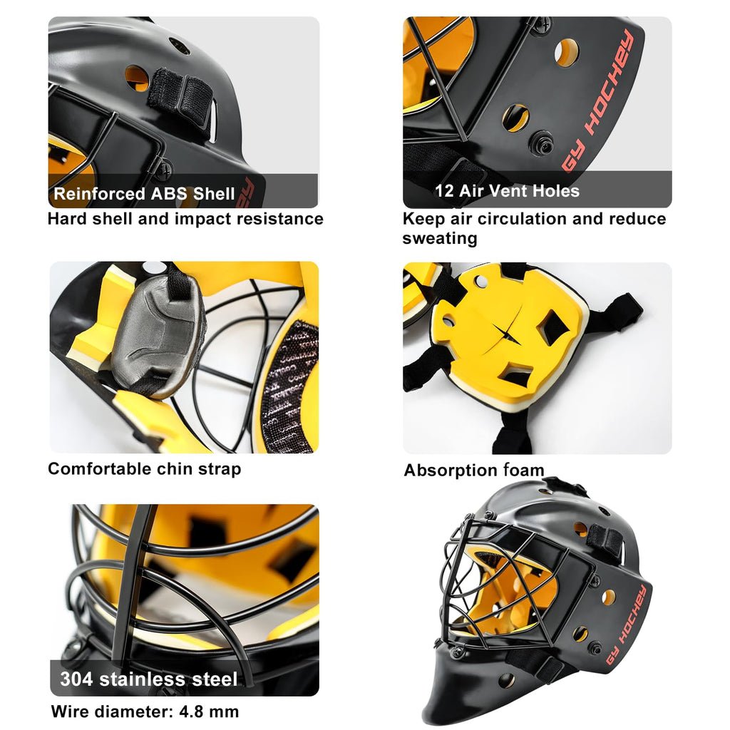 GY Hockey Helmet Combo with Facemask Senior Ice Hockey Goalie Helmet Adult/Cat-Eye Cage, Professional PC & ABS Shell/ 304 Stainless Steel Face Cage/Dual-Layer Lining